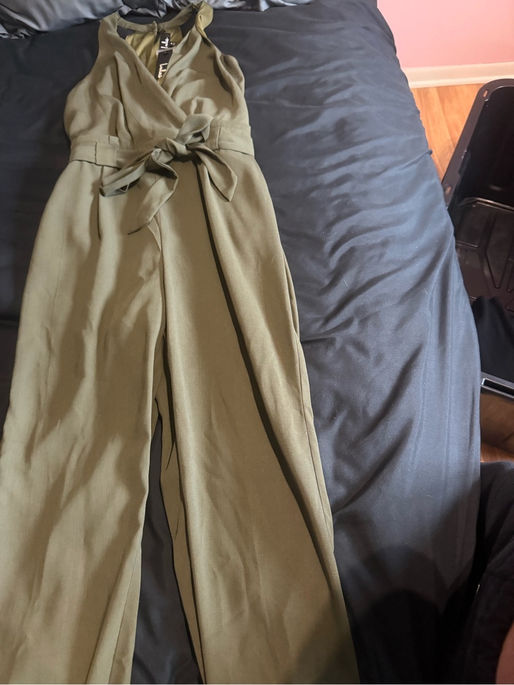 Lulu's Olive Green Wrap-Front Halter Jumpsuit with Tie Waist